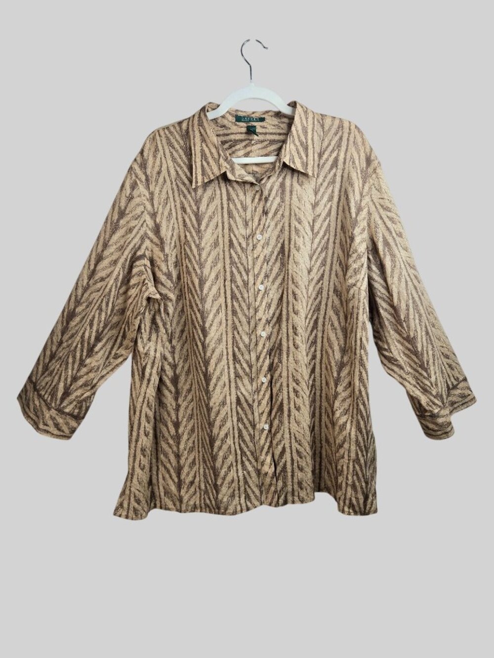 Ralph Lauren 100% Linen Button Down Shirt 3X Brown Tan Animal Print Collared Geo